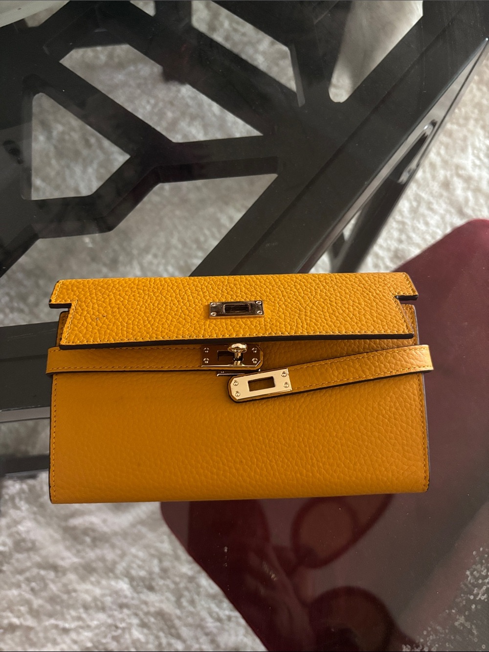 Yellow Leather Top-Handle Clutch with Gold Hardwareu unknown is  labeled HERMES